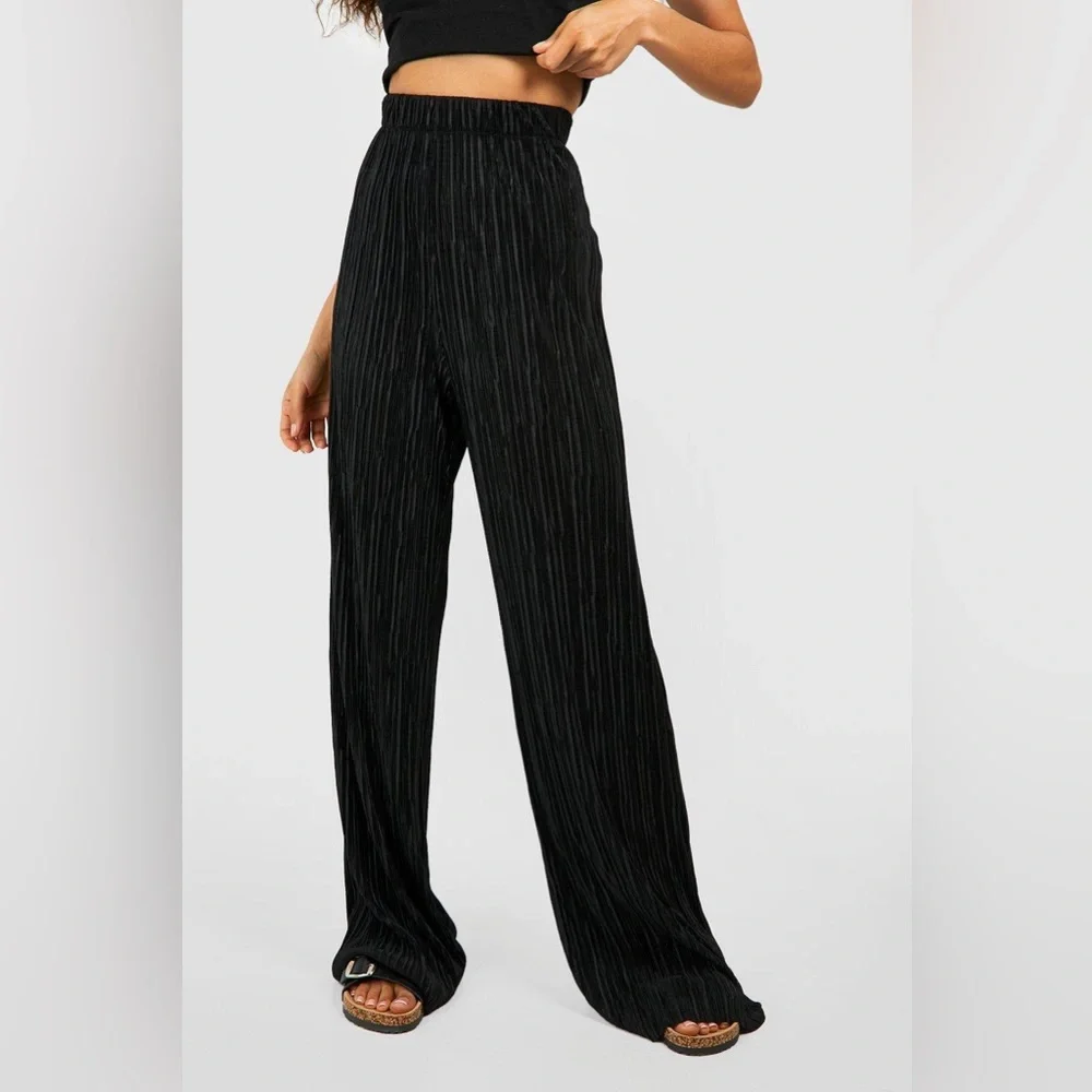 Black Flowy Boho Wide Leg Ribbed Pants - Size Small